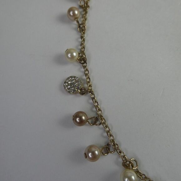 Chaps Gold Tone Dangle Faux Pearl Neutral Rhinestone Charm Necklace Movement - Picture 3 of 8